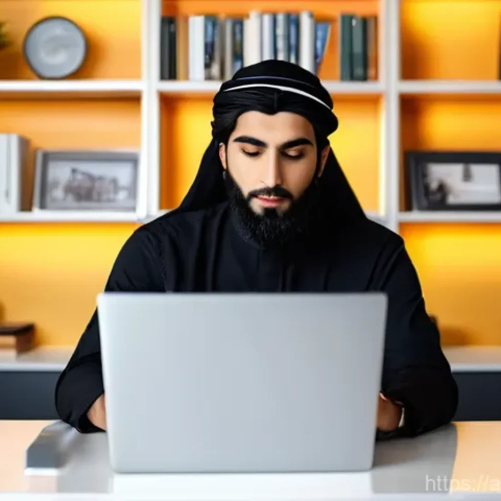 정보 계층화 글쓰기의 효과 측정 방법 - A young, focused Arab blogger, wearing stylish yet modest casual clothing, works diligently on a sle...