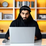 정보 계층화 글쓰기의 효과 측정 방법 - A young, focused Arab blogger, wearing stylish yet modest casual clothing, works diligently on a sle...