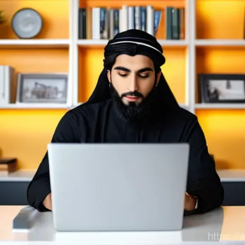 정보 계층화 글쓰기의 효과 측정 방법 - A young, focused Arab blogger, wearing stylish yet modest casual clothing, works diligently on a sle...