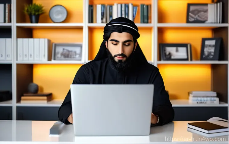 정보 계층화 글쓰기의 효과 측정 방법 - A young, focused Arab blogger, wearing stylish yet modest casual clothing, works diligently on a sle...