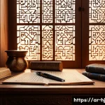 Home 16 정보 계층화 글쓰기를 위한 언어적 기술 - An elegant Arabic calligraphy workspace featuring a traditional wooden desk with neatly arranged pap...