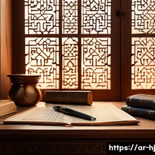Home 28 정보 계층화 글쓰기를 위한 언어적 기술 - An elegant Arabic calligraphy workspace featuring a traditional wooden desk with neatly arranged pap...