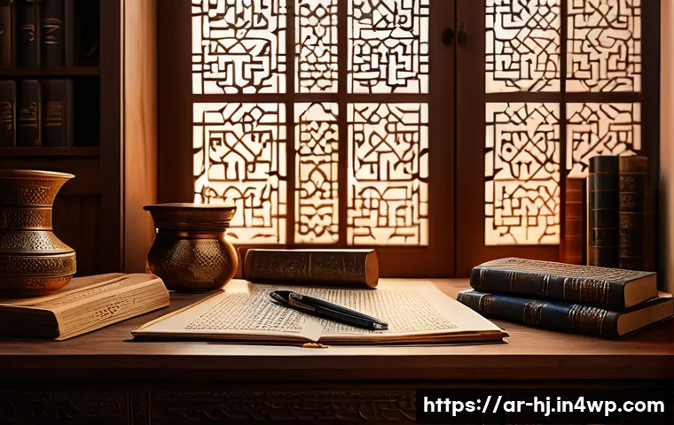 정보 계층화 글쓰기를 위한 언어적 기술 - An elegant Arabic calligraphy workspace featuring a traditional wooden desk with neatly arranged pap...