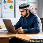 Home 21 독자가 이해하기 쉬운 정보 계층화 - A professional Arabic-language content creator sitting at a modern desk, organizing notes and digita...