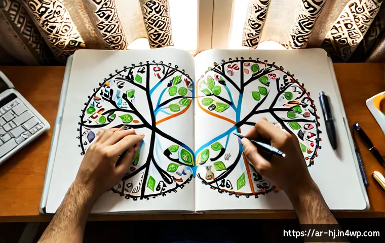정보 계층화 글쓰기를 위한 마인드맵 활용 - Photorealistic overhead view of an Arab writer at a tidy home office desk, organizing a large hand-d...